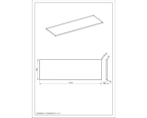 Dessin technique d''une plaque rectangulaire mesurant 1410 x 460 millimètres