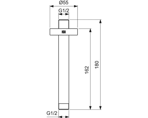 Dessin technique d''un raccord avec les dimensions diamètre 55 millimètres, filetage G 1/2 et hauteurs de 162 et 180 millimètres.