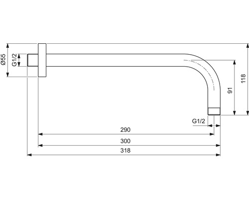 Technische Zeichnung eines Wandauslaufs mit Maßangaben