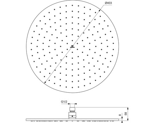 Schéma technique d''une pomme de douche avec les dimensions diamètre 403 millimètres et raccord G 1/2 pouce