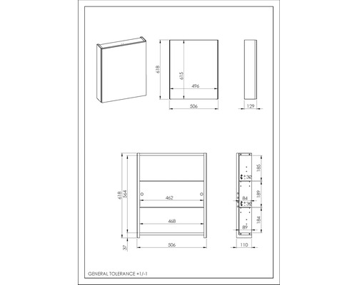 Technische Zeichnung eines Wandschranks mit Maßangaben