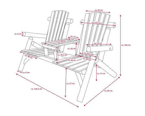 Schéma d''un banc double en bois avec dimensions