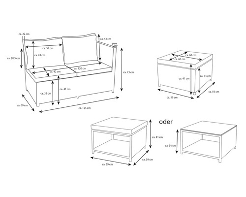 Skizze einer Gartenloungegruppe mit Sofa und Tischen mit Maßangaben