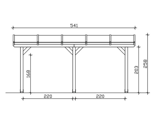 Technische Zeichnung eines Unterstandes mit Maßangaben