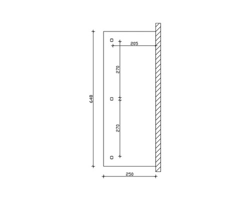 Dessin technique avec dimensions d''un produit, incluant hauteur 648, largeur 250 et profondeur 205.