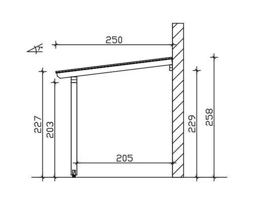 Technische Zeichnung einer Wandüberdachung mit Massangaben