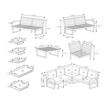 Abmessungen einer Gartenlounge mit Sofa, Sessel und Tisch