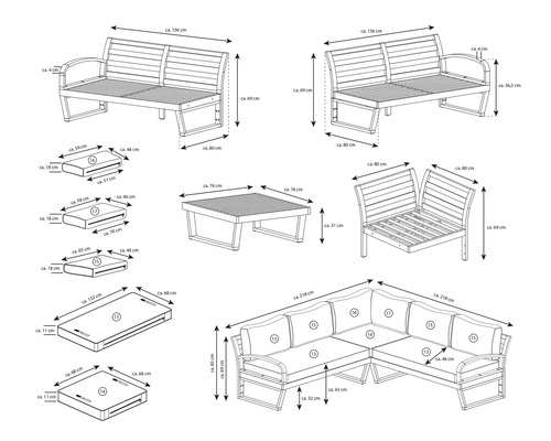 Abmessungen einer Gartenlounge mit Sofa, Sessel und Tisch