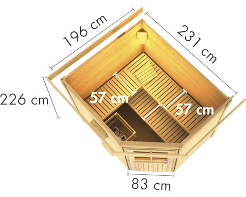 Draufsicht einer Holzsauna mit Massangaben zu Länge, Breite und Sitzbänken.