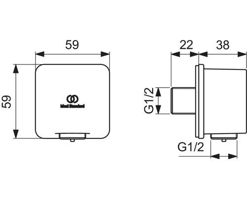Technische Zeichnung eines Eckventils mit Massangaben