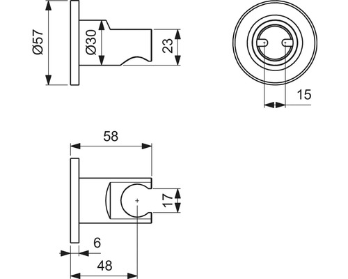 Schéma technique d''un support de tringle à rideau de douche avec dimensions