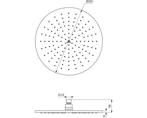 Technische Zeichnung eines Duschkopfes mit Maßangaben