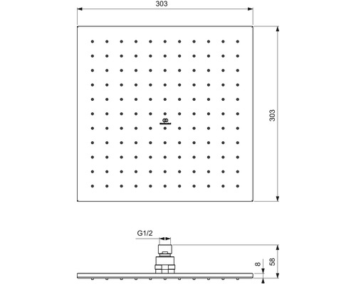 Schéma technique d''une pomme de douche avec des dimensions de 303 x 303 millimètres et un raccord G 1/2.