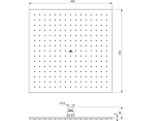Schéma technique d''une pomme de douche avec dimensions