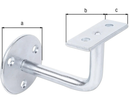 Geländerhalterung aus Metall mit Massangaben a, b und c.