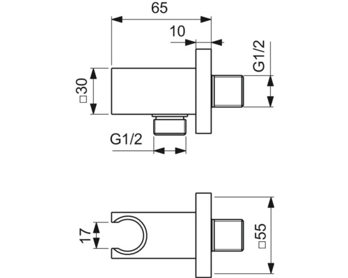 Technische Zeichnung einer Brausehalterung mit Maßangaben