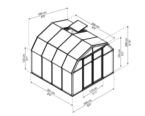 Schéma technique d''une serre avec dimensions en centimètres