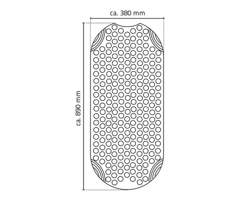 Skizze einer Badewannenmatte mit den Maßen circa 380 Millimeter mal circa 890 Millimeter
