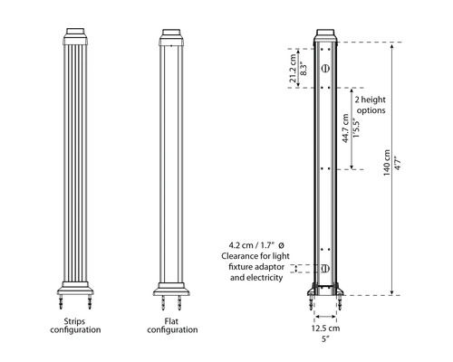 Zeichnung eines Sockels für Lampen mit Maßangaben und zwei Konfigurationsvarianten