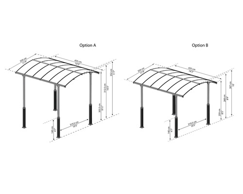 Illustration von zwei Terrassenüberdachungsoptionen mit Massangaben