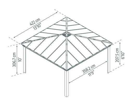 Illustration d''un pavillon avec des indications de dimensions.