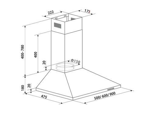 Dessin technique d''une hotte aspirante avec dimensions