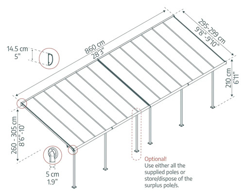 Illustration einer Terrassenüberdachung mit Maßangaben