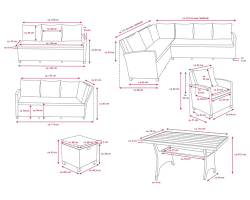 Masse eines Gartenmöbel Sets bestehend aus Sofa, Ecksofa, Sessel, Tisch und Hocker