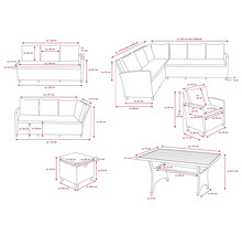 Masse einer Loungegruppe mit Sofa, Ecksofa, Sessel, Tisch und Hocker