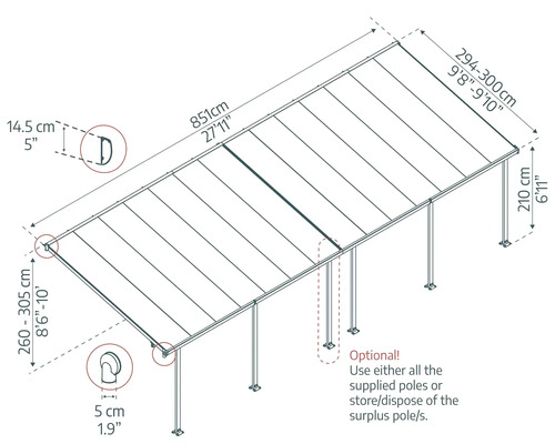 Dimensions d''un toit de terrasse avec indication de la longueur, de la largeur et de la hauteur