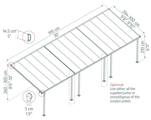 Technische Zeichnung einer Terrassenüberdachung mit Maßangaben.
