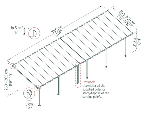 Dimensions d''un abri de terrasse avec indications de hauteur, largeur et profondeur