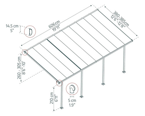 Technische Zeichnung einer Terrassenüberdachung mit Maßangaben.