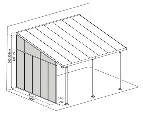 Dessin technique d''un auvent de terrasse avec dimensions