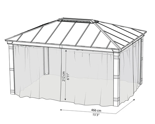 Illustration d''un pavillon d''une hauteur de 212 cm et d''une longueur de 466 cm.
