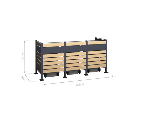 Cache-conteneurs triple en métal et bois, dimensions 120 x 250 x 90 cm