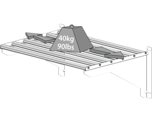 Regal mit Gewichtsbelastung von 40 Kilogramm und 90 englischen Pfund zur Demonstration der Tragfähigkeit
