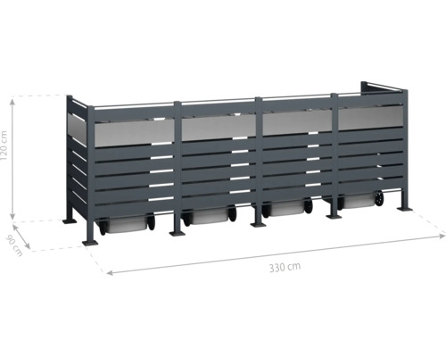 Cache-conteneur pour trois poubelles, 330 cm de large, 120 cm de haut et 90 cm de profondeur