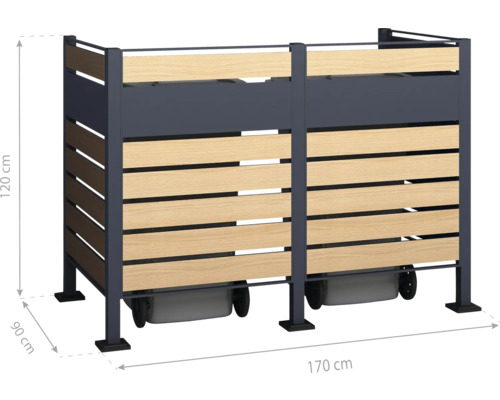 Cache-conteneur à deux emplacements, structure en métal, remplissage en lattes de bois, dimensions 170x120x90 cm