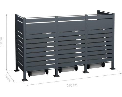 Box pour poubelles aux dimensions de 250 sur 150 sur 90 centimètres
