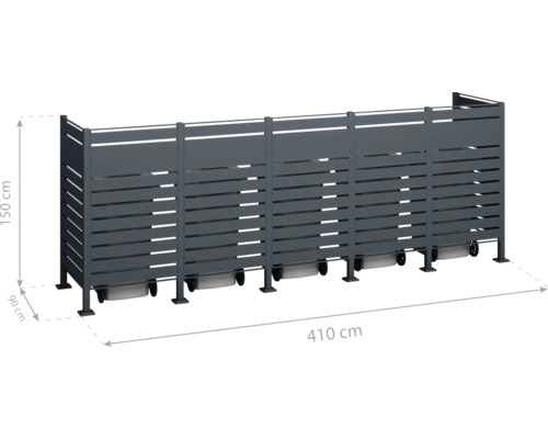 Brise-vue en aluminium mesurant 150 cm de haut, 90 cm de profondeur et 410 cm de long.