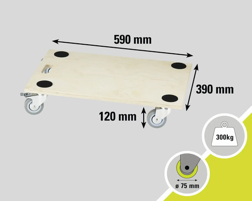 Chariot à roulettes en bois avec une capacité de charge maximale de 300 kilogrammes et des dimensions de 590 x 390 millimètres