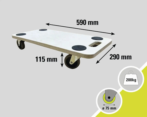 Möbelroller mit den Maßen 590 mm x 290 mm, 115 mm Höhe und einer maximalen Belastbarkeit von 200 kg.