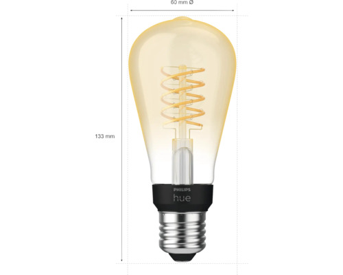 Lampe à filament Philips Hue avec des dimensions de 133 mm de longueur et 60 mm de diamètre