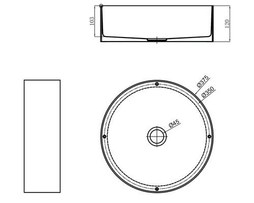 Dessin technique d''un lavabo à poser rond avec indications de dimensions