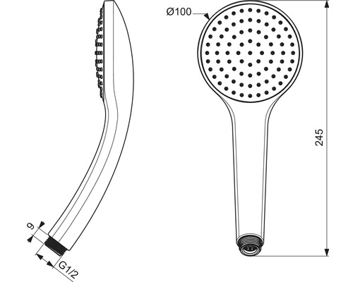Technische Zeichnung einer Handbrause mit Massangaben