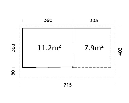 Plan d''un abri de jardin avec les indications de surface de 11,2 mètres carrés et 7,9 mètres carrés ainsi que les indications de dimensions en centimètres