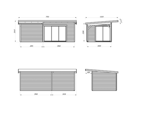 Dessin technique d''une cabane de jardin avec dimensions.