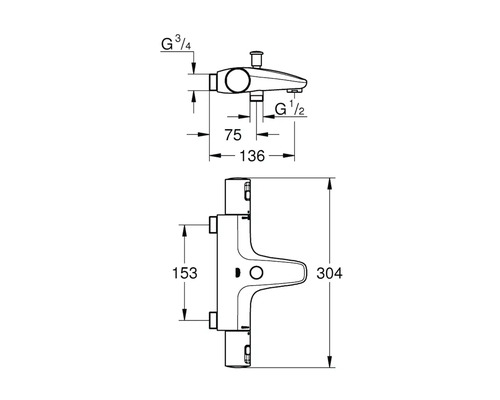 Dessin technique d''un mitigeur de douche avec indication des dimensions