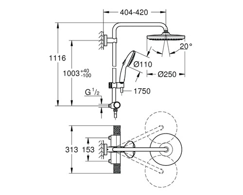Technische Zeichnung einer Duschgarnitur mit Maßangaben